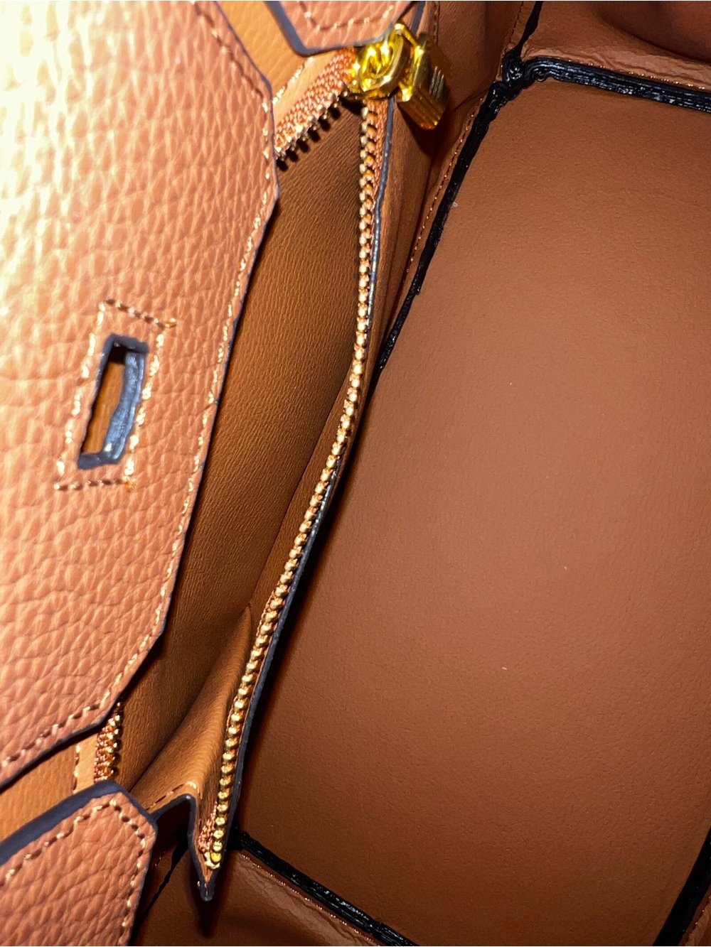 NWOT Birkin Style Pebbled Satchel Tote Bag - Cognac Brown - Picture 7 of 12